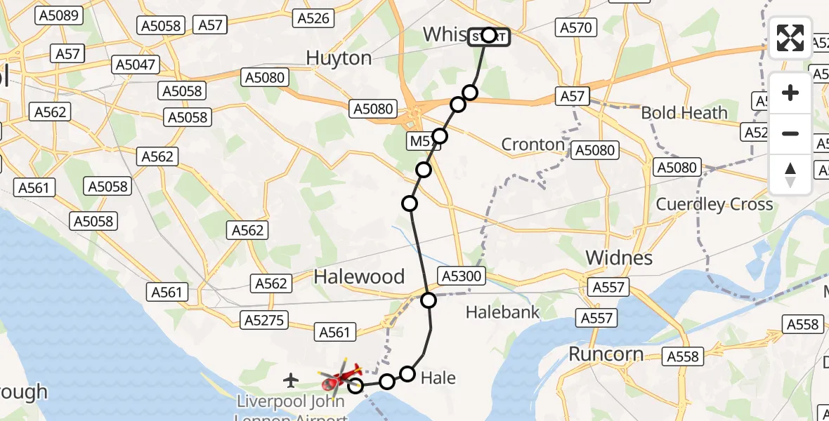 Flight route Air Ambulance Helicopter Whiston - Liverpool John Lennon Airport, 14 September 2026, 18:27