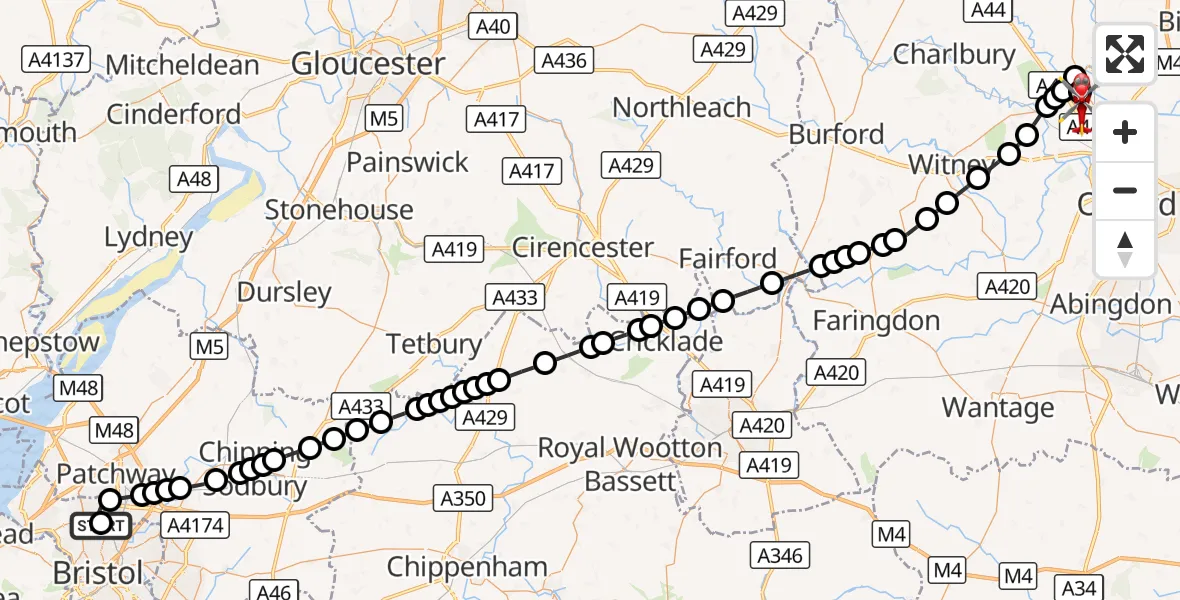 Flight route Air Ambulance Helicopter Southmead Hospital - London Oxford Airport, 14 September 2026, 18:36