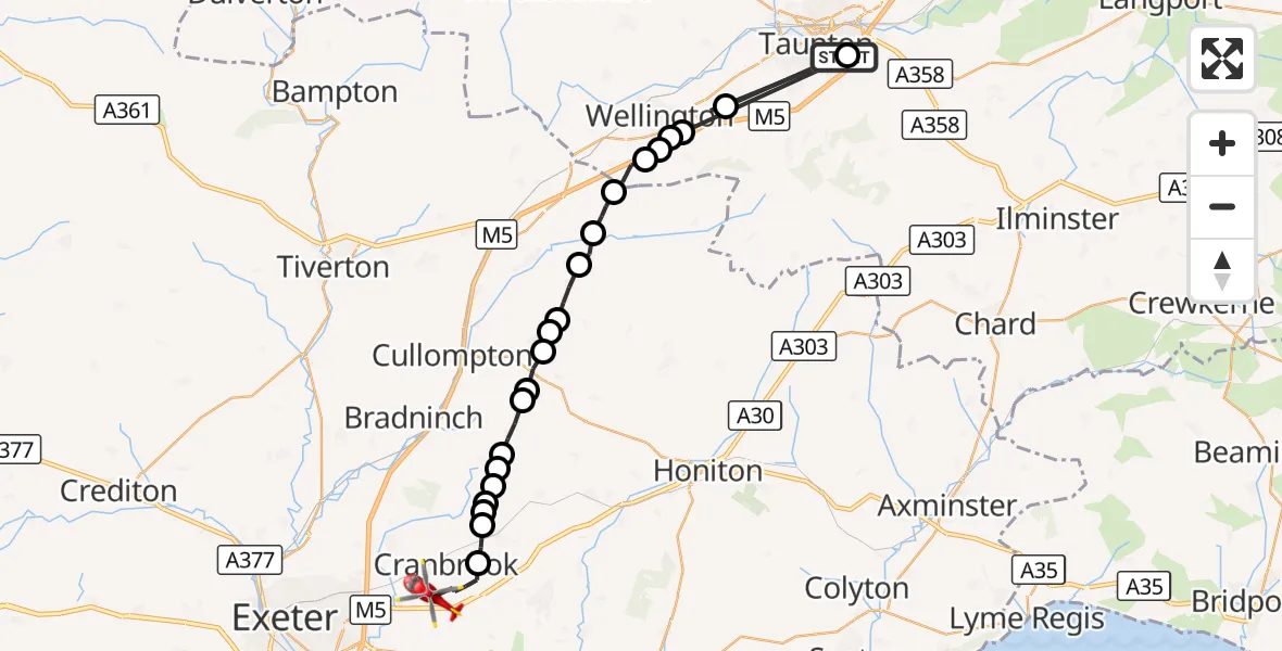 Flight route Air Ambulance Helicopter Taunton - Exeter International Airport, 14 September 2026, 18:38