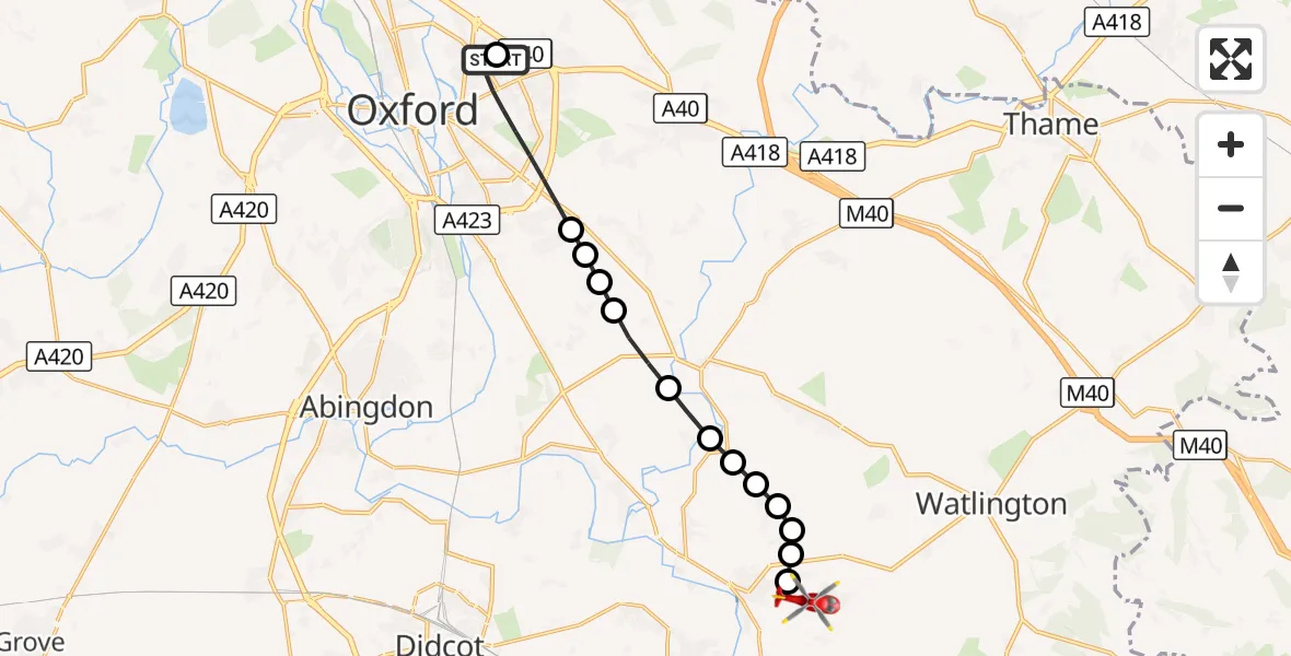 Flight route Air Ambulance Helicopter John Radcliffe Hospital - RAF Benson, 14 September 2026, 18:53
