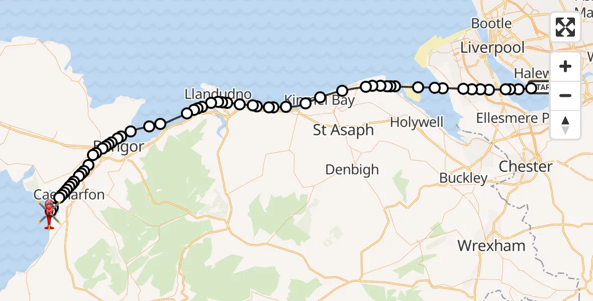 Flight route Air Ambulance Helicopter Liverpool John Lennon Airport - Caernarfon Airport, 14 September 2026, 19:15