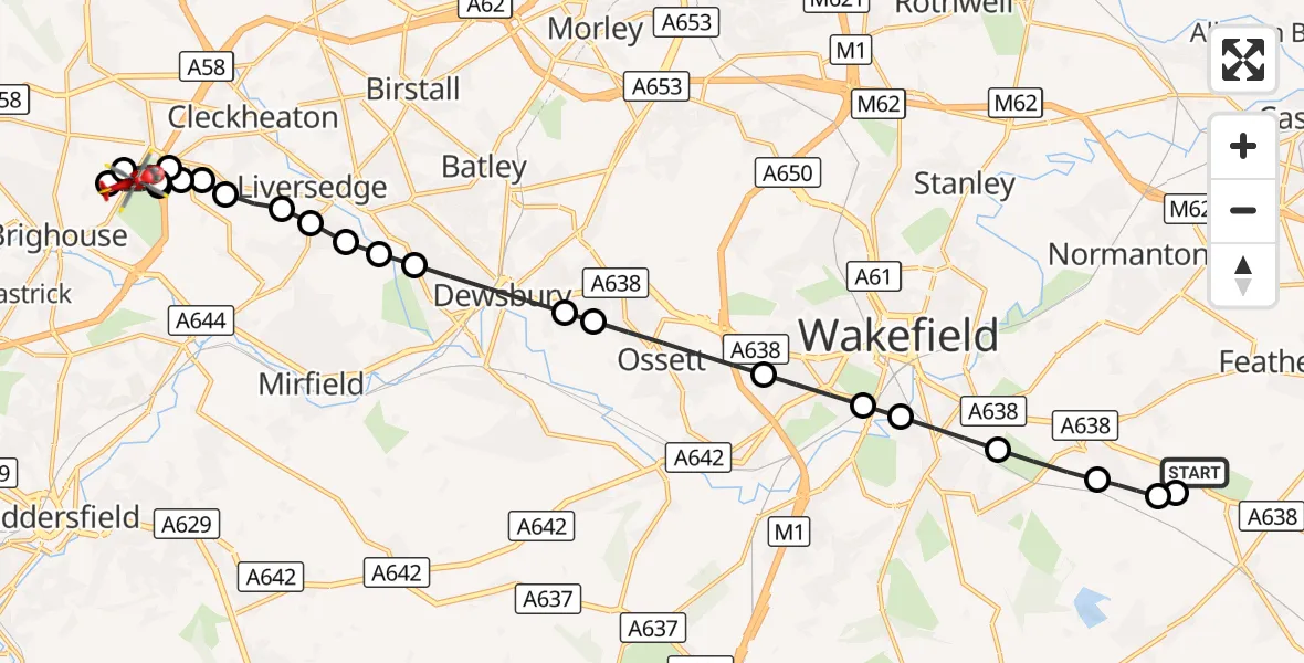Flight route Air Ambulance Helicopter YAA Nostell Helicopter Port - Clifton, 14 September 2026, 19:16