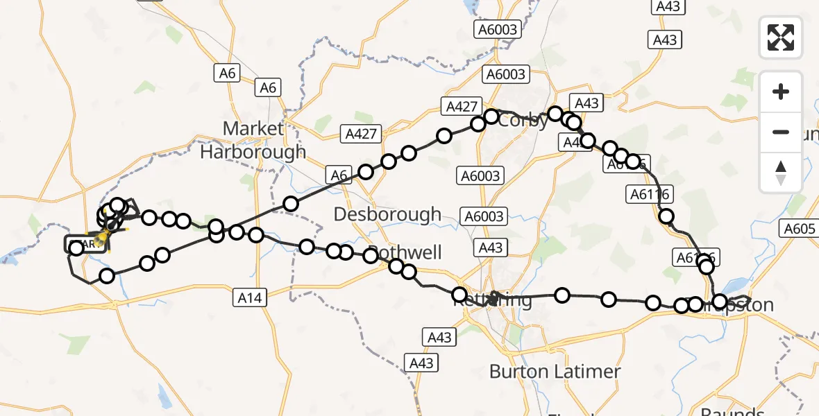 Flight route Police Helicopter Husbands Bosworth - Harborough, 14 September 2026, 19:41
