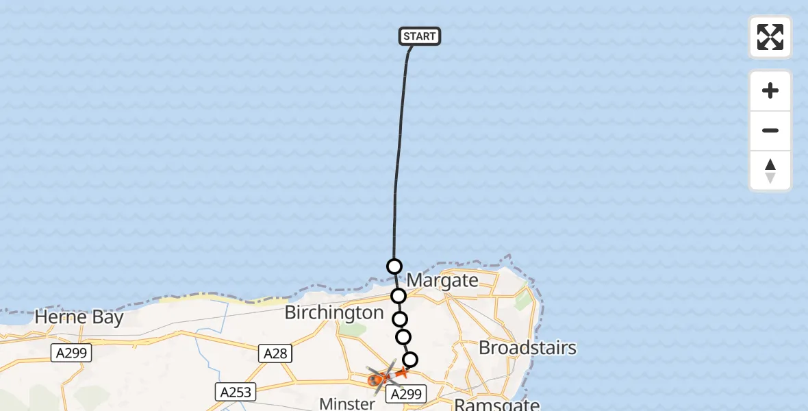 Flight route Coastguard Helicopter North Sea - Manston Airport, 14 September 2026, 19:48
