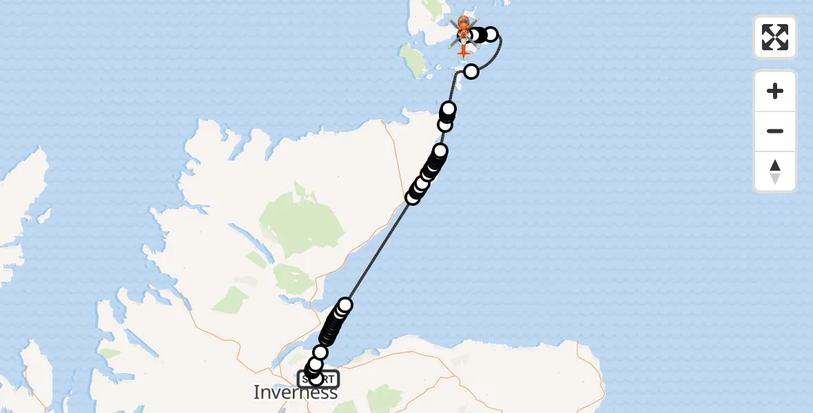 Flight route Coastguard Helicopter Inverness Airport - Kirkwall Airport, 14 September 2026, 20:20