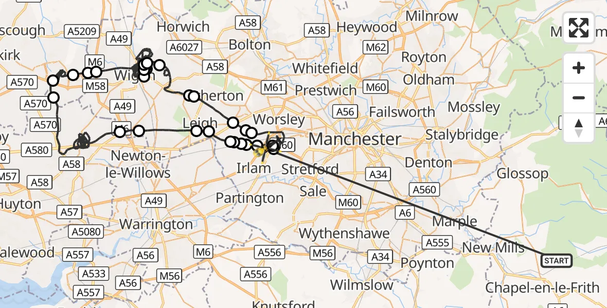 Flight route Police Helicopter Chapel-en-le-Frith - Manchester Barton Aerodrome, 14 September 2026, 20:29