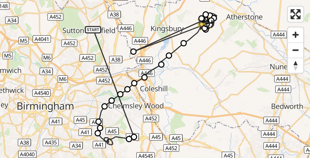 Flight route Police Helicopter Sutton Coldfield - Baxterley Aerodrome, 14 September 2026, 20:57