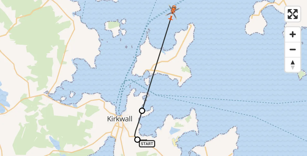 Flight route Coastguard Helicopter Kirkwall Airport - North Atlantic Ocean, 14 September 2026, 21:18