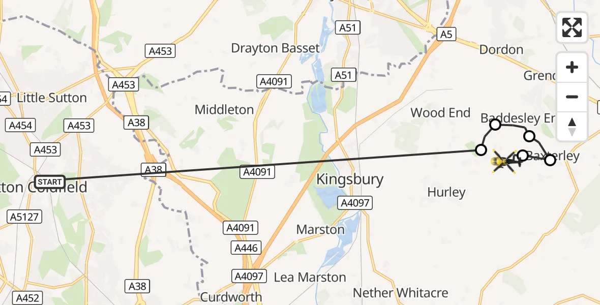 Flight route Police Helicopter Sutton Coldfield - Baxterley Aerodrome, 14 September 2026, 21:20