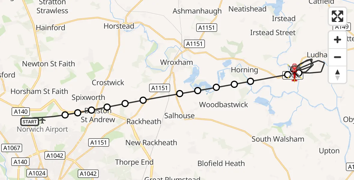 Flight route Air Ambulance Helicopter Norwich Airport - North Norfolk, 14 September 2026, 21:24