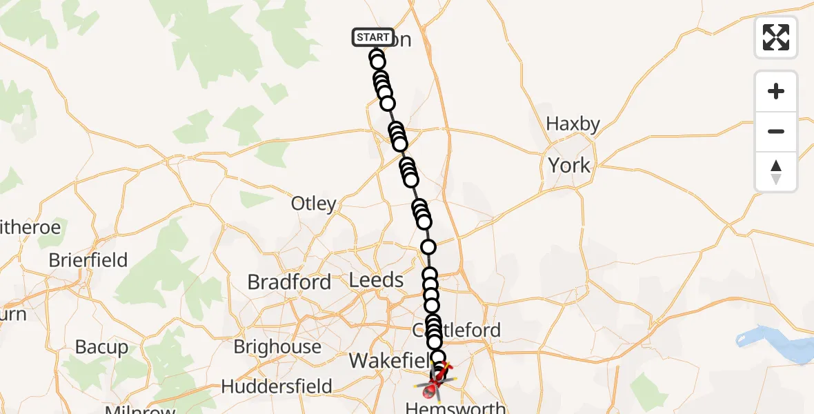 Flight route Air Ambulance Helicopter Ripon - YAA Nostell Helicopter Port, 14 September 2026, 21:30