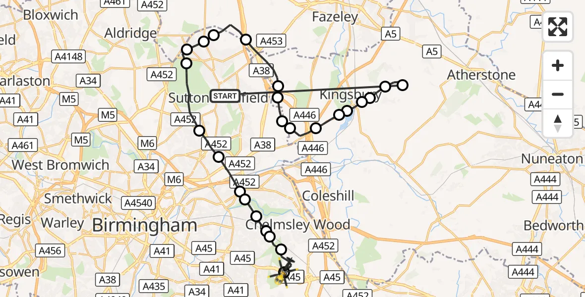 Flight route Police Helicopter Sutton Coldfield - Solihull, 14 September 2026, 21:31