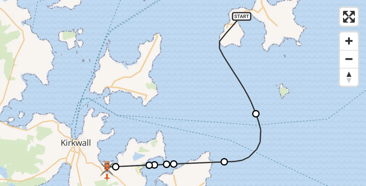 Flight route Coastguard Helicopter North Atlantic Ocean - Kirkwall Airport, 14 September 2026, 22:17