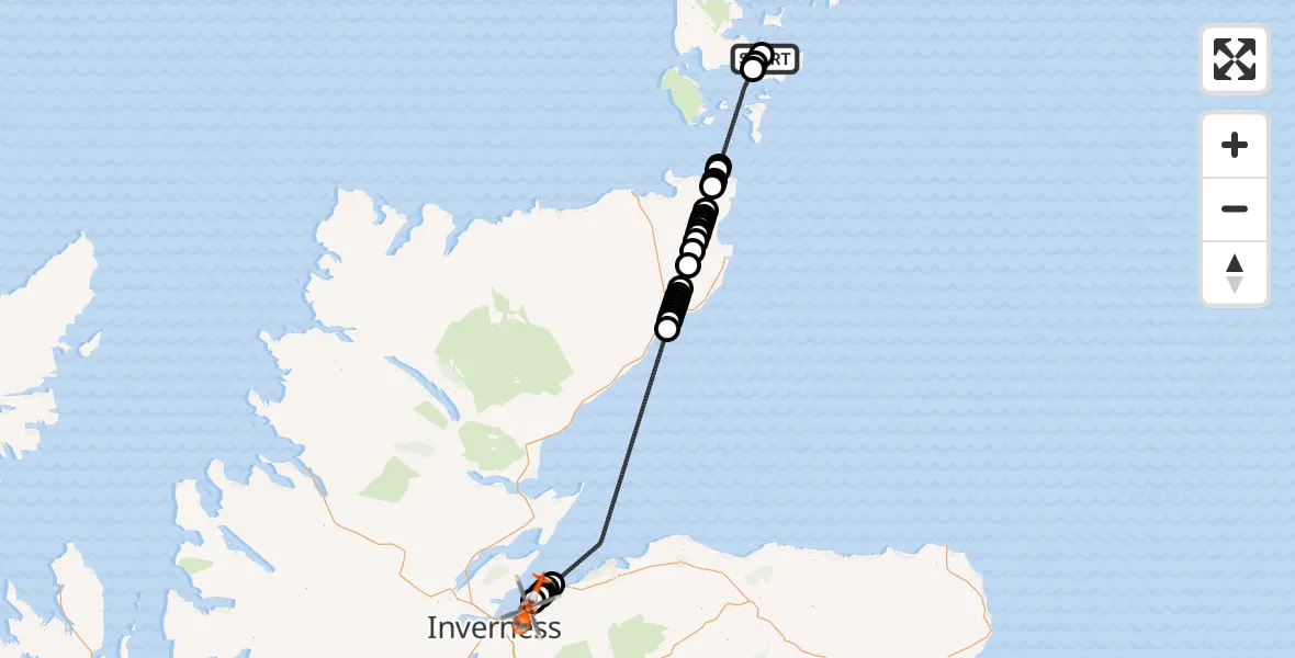 Flight route Coastguard Helicopter Kirkwall Airport - Inverness Airport, 14 September 2026, 22:33