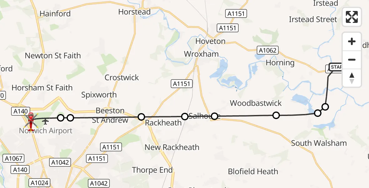 Flight route Air Ambulance Helicopter North Norfolk - Norwich Airport, 14 September 2026, 23:21