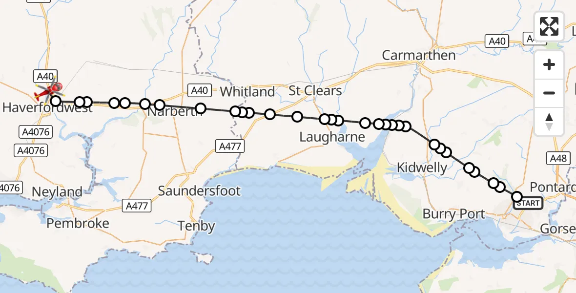 Flight route Air Ambulance Helicopter Dafen - Crundale, 15 September 2026, 06:29