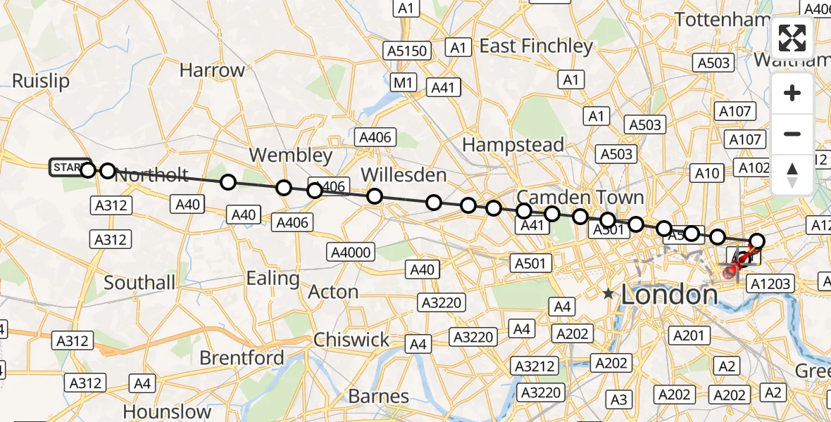 Flight route Air Ambulance Helicopter RAF Northolt - Royal London Hospital, 15 September 2026, 07:08