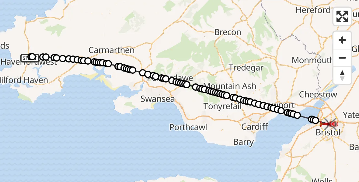Flight route Air Ambulance Helicopter Crundale - Bristol, 15 September 2026, 07:48