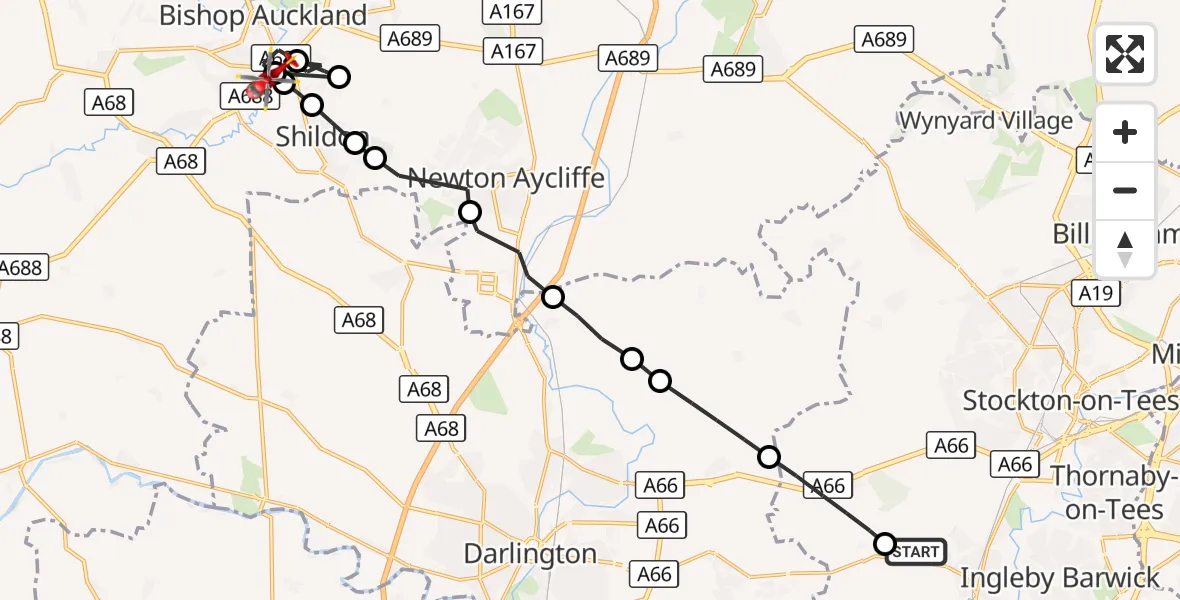 Flight route Air Ambulance Helicopter Egglescliffe - Bishop Auckland, 15 September 2026, 08:02