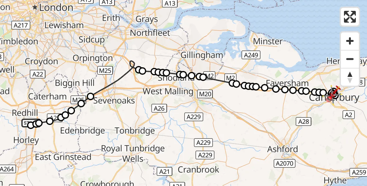 Flight route Air Ambulance Helicopter Redhill Aerodrome - Harbledown, 15 September 2026, 08:17