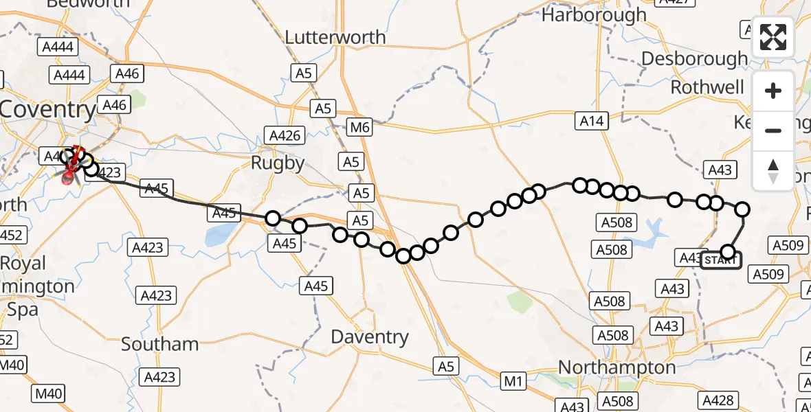 Flight route Air Ambulance Helicopter Sywell Aerodrome - Coventry Airport, 15 September 2026, 08:20
