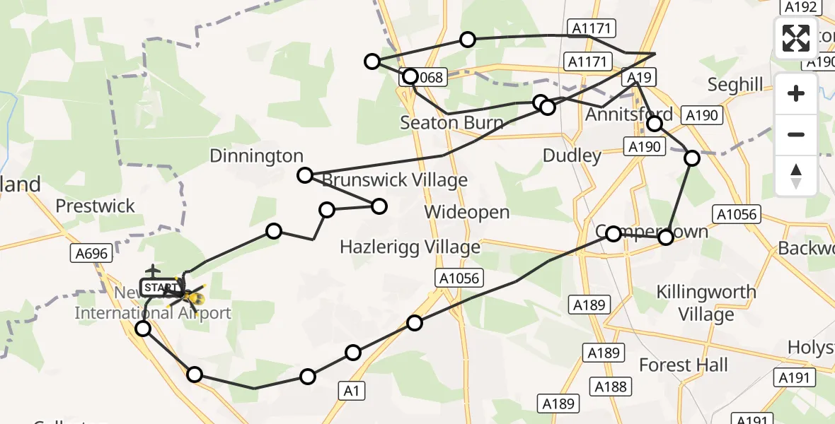 Flight route Police Helicopter Newcastle International Airport - Newcastle International Airport, 15 September 2026, 08:52