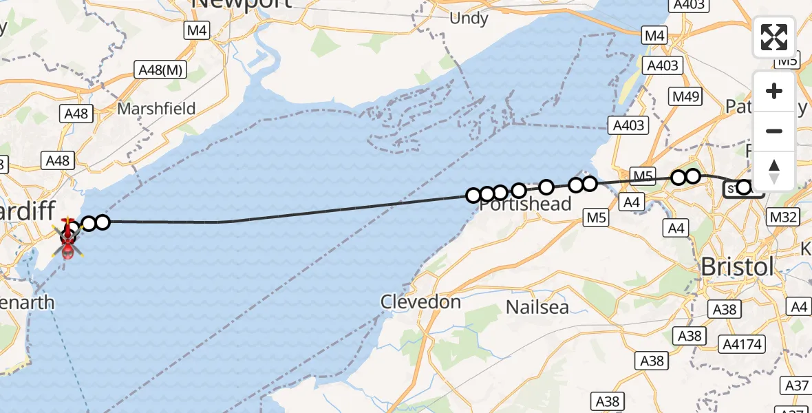 Flight route Air Ambulance Helicopter Southmead Hospital - Cardiff Heliport, 15 September 2026, 08:55