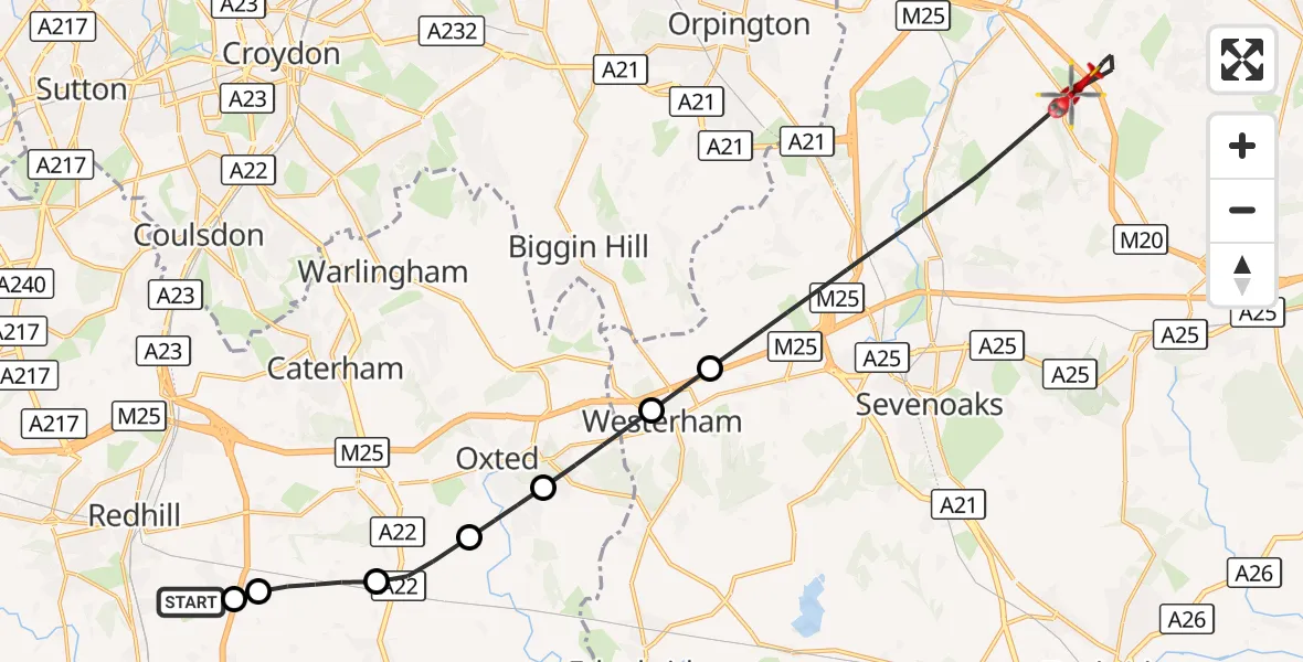 Flight route Air Ambulance Helicopter Redhill Aerodrome - Sevenoaks, 15 September 2026, 09:01