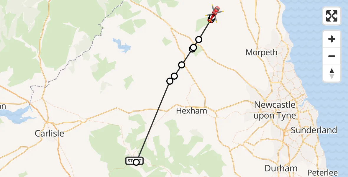 Flight route Air Ambulance Helicopter Alston - Whitton and Tosson, 15 September 2026, 09:06