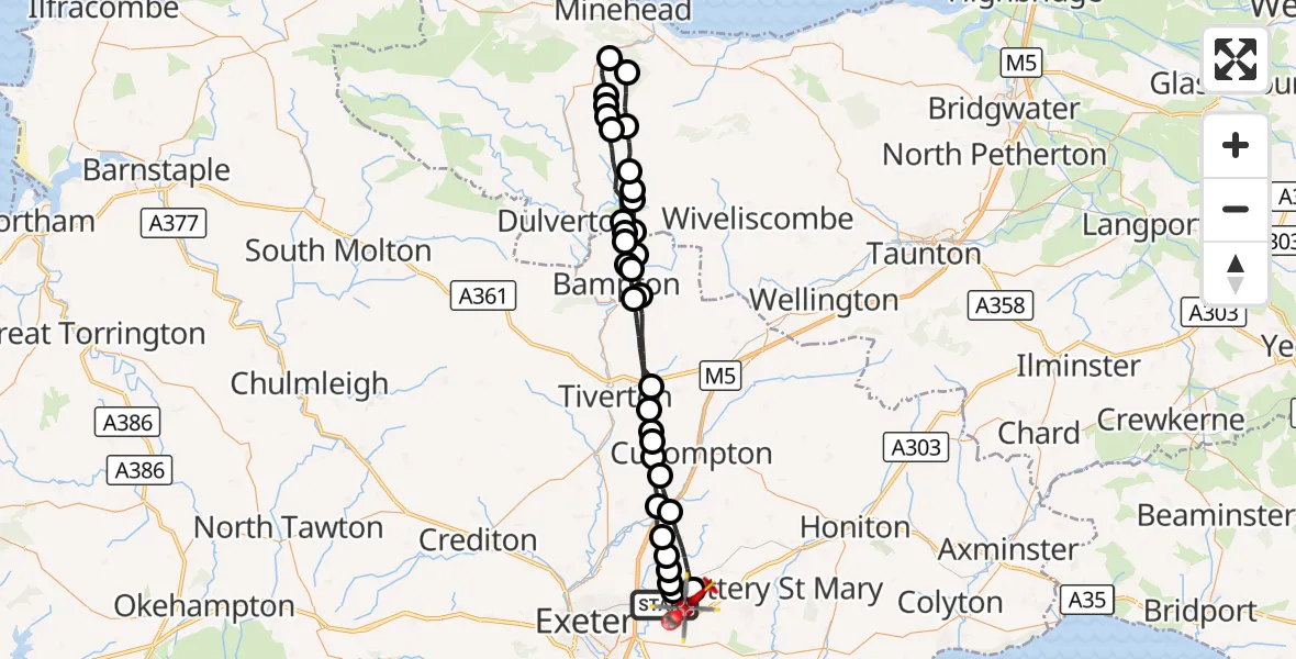Flight route Air Ambulance Helicopter Exeter International Airport - Rockbeare, 15 September 2026, 09:21