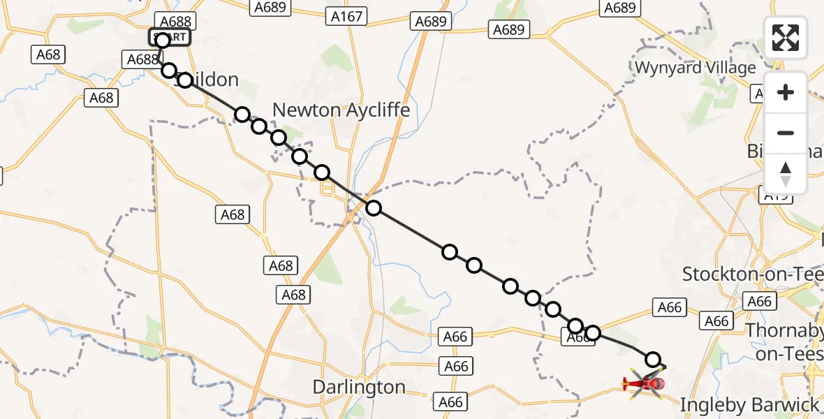 Flight route Air Ambulance Helicopter South Church - Egglescliffe, 15 September 2026, 09:25