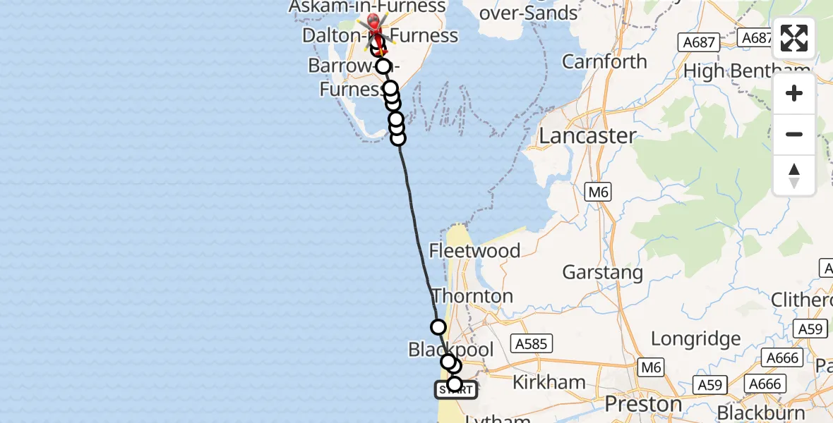 Flight route Air Ambulance Helicopter Blackpool Airport - Dalton-in-Furness, 15 September 2026, 09:36