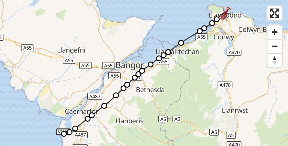 Flight route Air Ambulance Helicopter Caernarfon Airport - Llandudno, 15 September 2026, 09:44