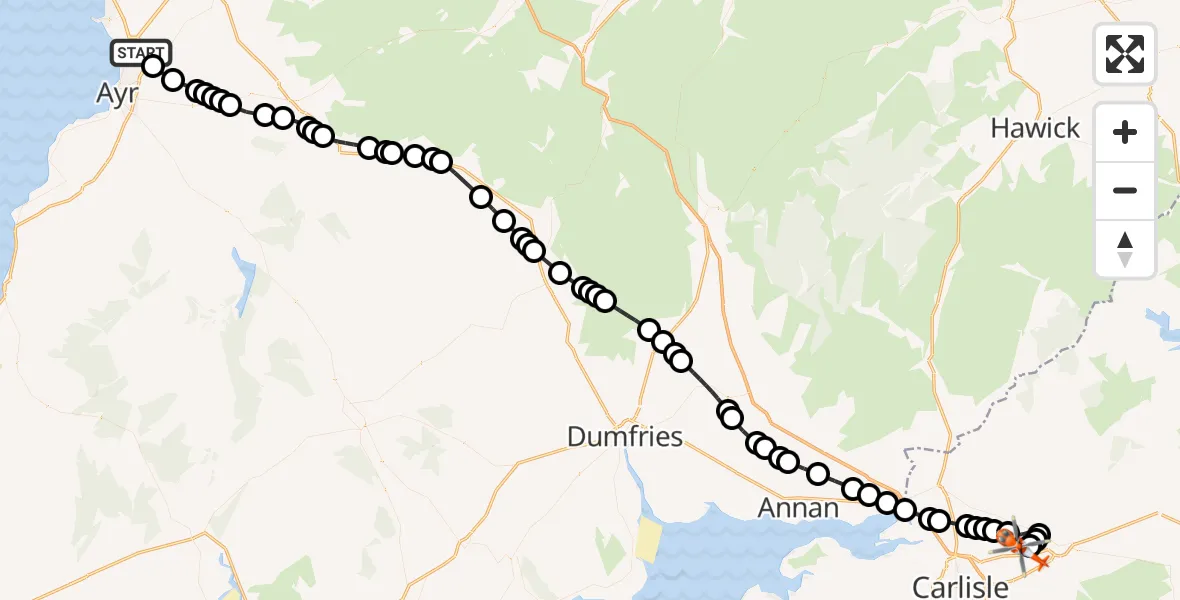 Flight route Coastguard Helicopter Glasgow Prestwick Airport - Carlisle Lake District Airport, 15 September 2026, 09:44