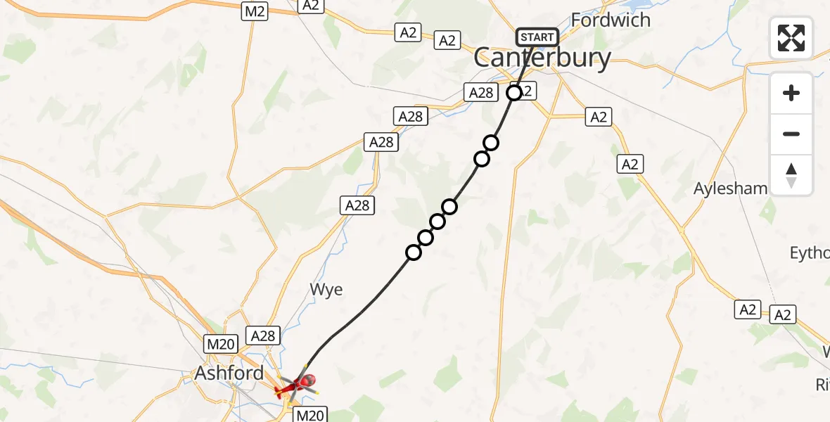 Flight route Air Ambulance Helicopter Harbledown - Ashford, 15 September 2026, 09:48