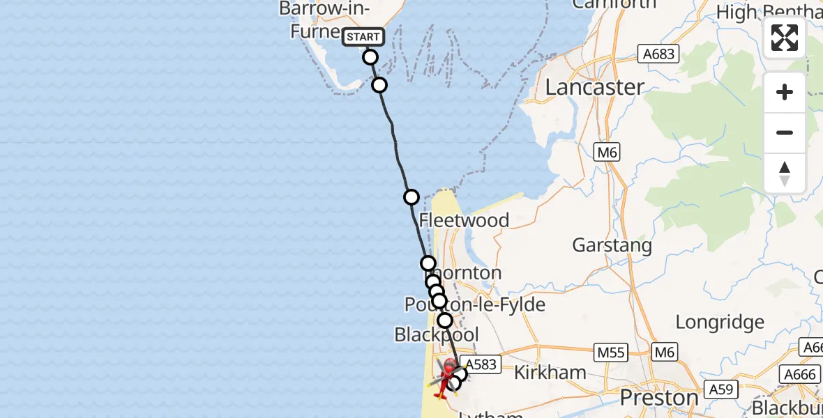 Flight route Air Ambulance Helicopter Rampside - Blackpool Airport, 15 September 2026, 10:10