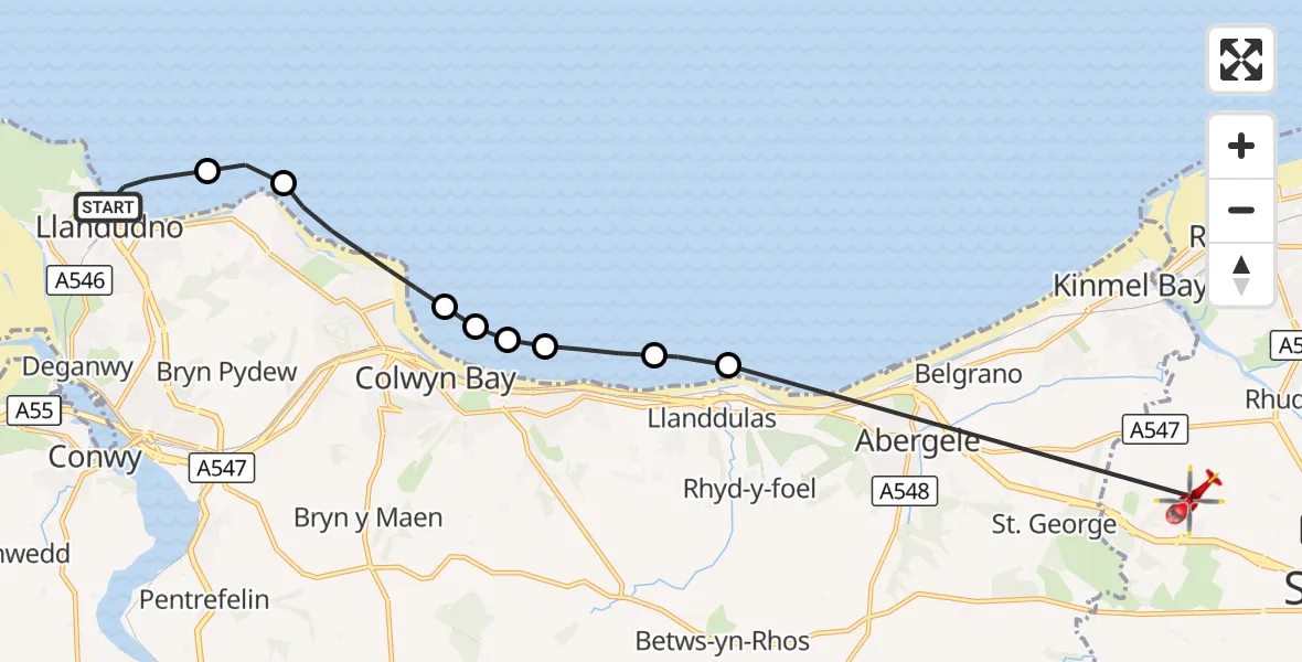 Flight route Air Ambulance Helicopter Llandudno - Ysbyty Glan Clywd Hospital Heliport, 15 September 2026, 10:33