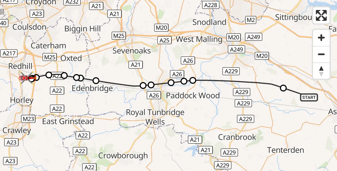 Flight route Air Ambulance Helicopter Ashford - Redhill Aerodrome, 15 September 2026, 10:47