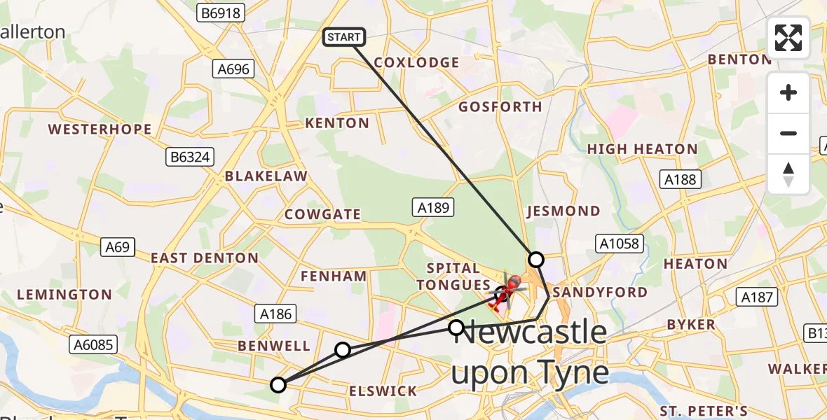 Flight route Air Ambulance Helicopter Kenton - Newcastle Royal Victoria Infirmary, 15 September 2026, 10:47