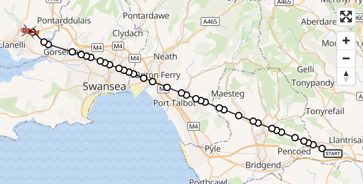 Flight route Air Ambulance Helicopter Llanharry - Dafen, 15 September 2026, 10:47