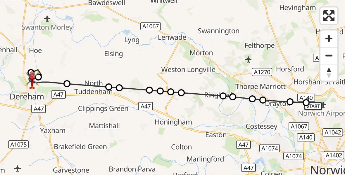 Flight route Air Ambulance Helicopter Norwich Airport - Dereham, 15 September 2026, 11:20