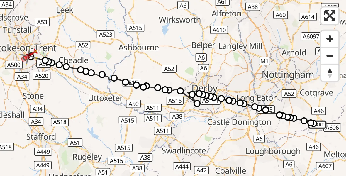 Flight route Air Ambulance Helicopter Nottingham Heliport - Fenton, 15 September 2026, 11:40
