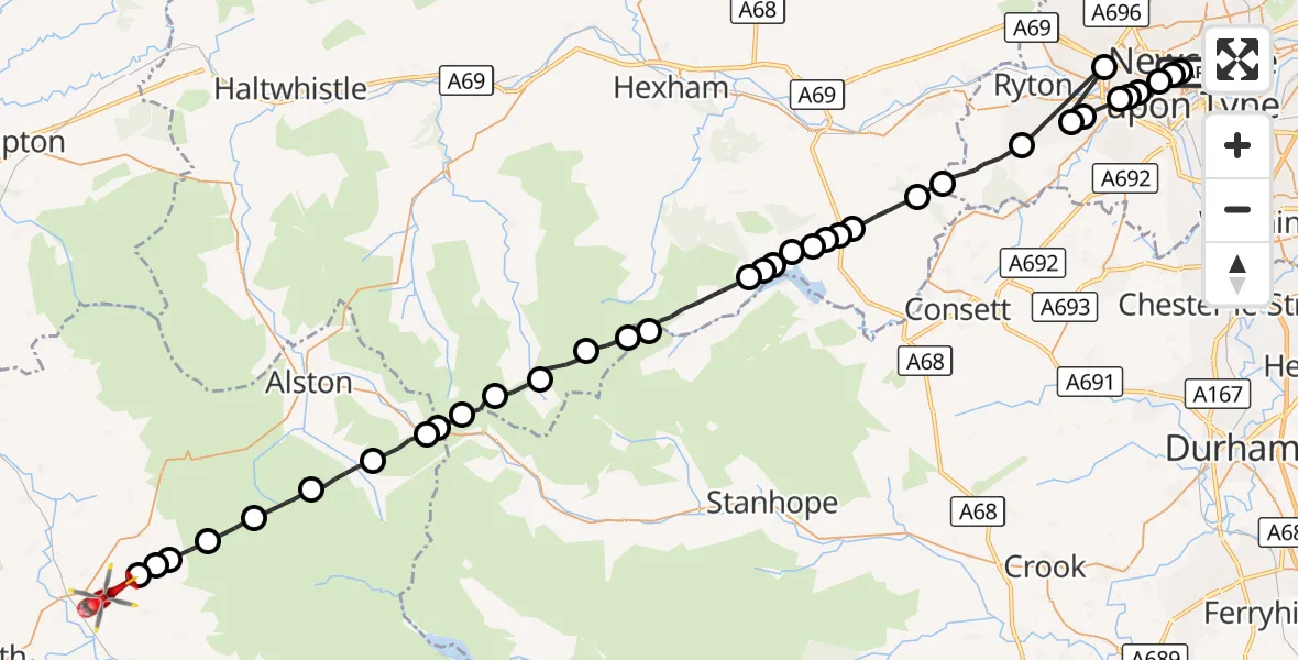 Flight route Air Ambulance Helicopter Newcastle Royal Victoria Infirmary - Skirwith, 15 September 2026, 11:42