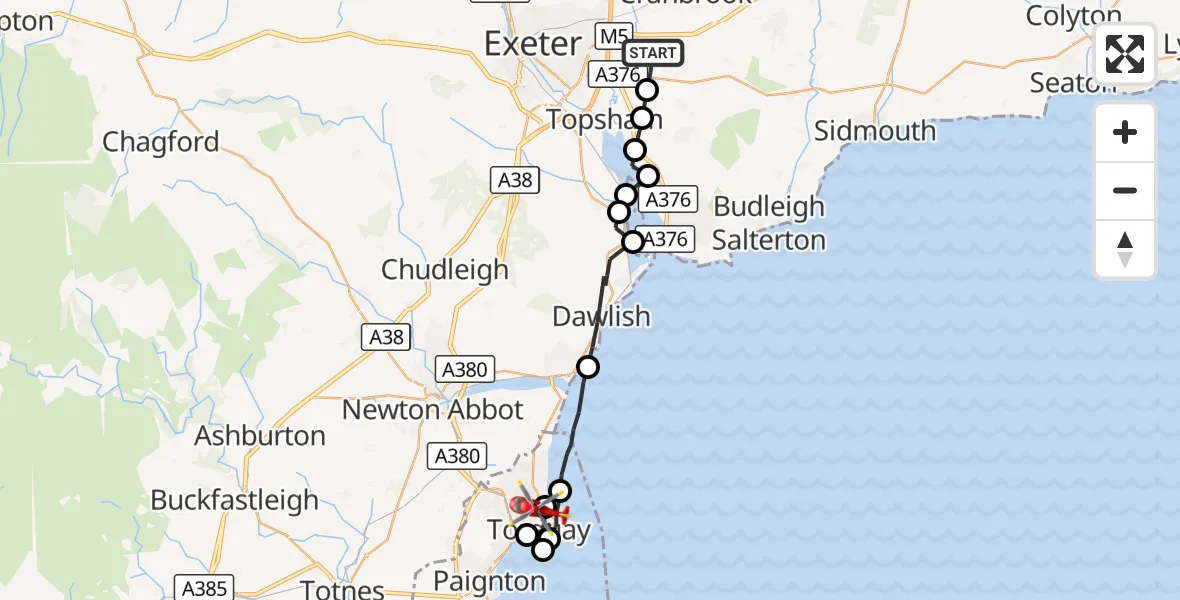 Flight route Air Ambulance Helicopter Clyst Honiton - Torquay, 15 September 2026, 11:44