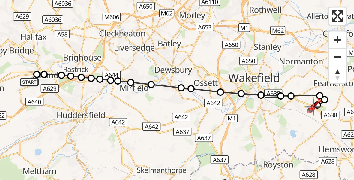 Flight route Air Ambulance Helicopter Holywell Green - YAA Nostell Helicopter Port, 15 September 2026, 11:49