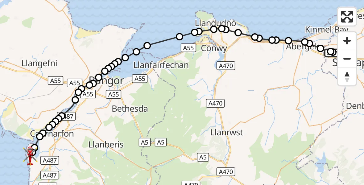 Flight route Air Ambulance Helicopter Ysbyty Glan Clywd Hospital Heliport - Caernarfon Airport, 15 September 2026, 11:59