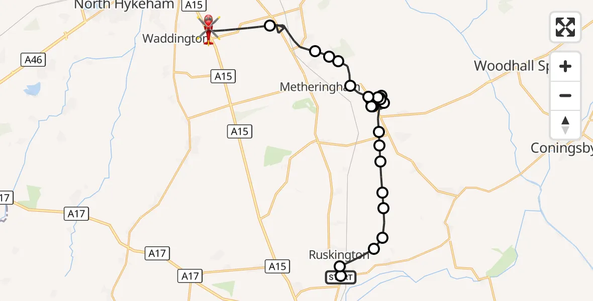 Flight route Air Ambulance Helicopter Ruskington - North Kesteven, 15 September 2026, 12:03