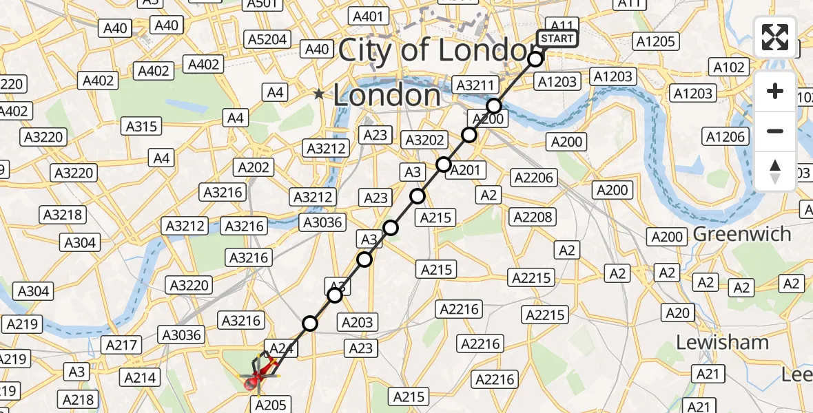 Flight route Air Ambulance Helicopter Royal London Hospital - Clapham, 15 September 2026, 12:04
