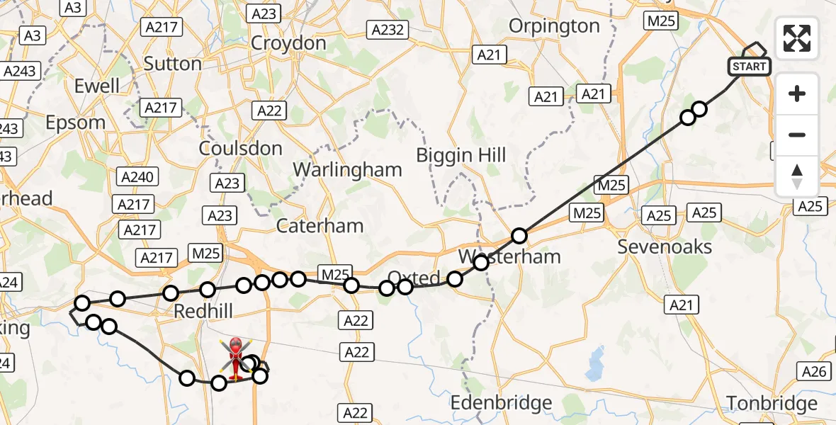 Flight route Air Ambulance Helicopter Sevenoaks - Redhill Aerodrome, 15 September 2026, 12:05