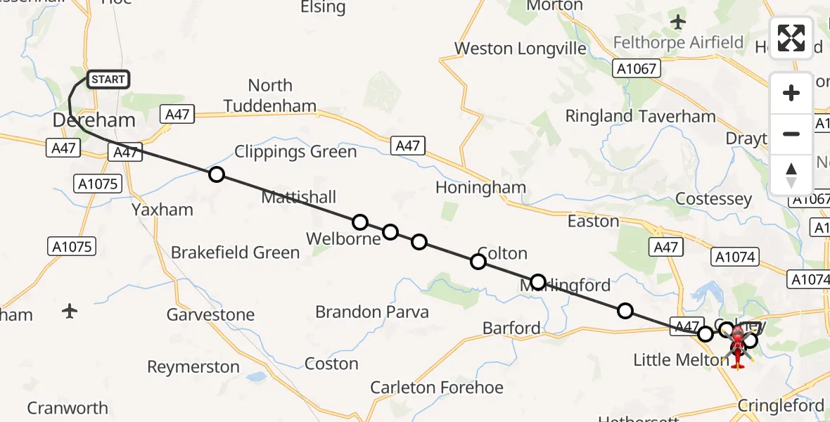 Flight route Air Ambulance Helicopter Dereham - Norfolk & Norwich Hospital, 15 September 2026, 12:20